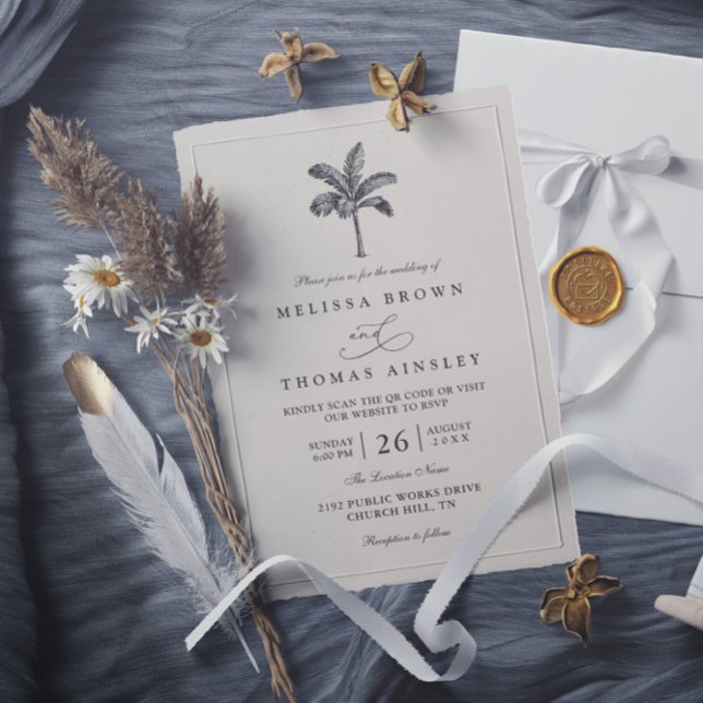 Palm Tree Minimalist Destination QR Code Wedding Einladung (Von Creator hochgeladen)