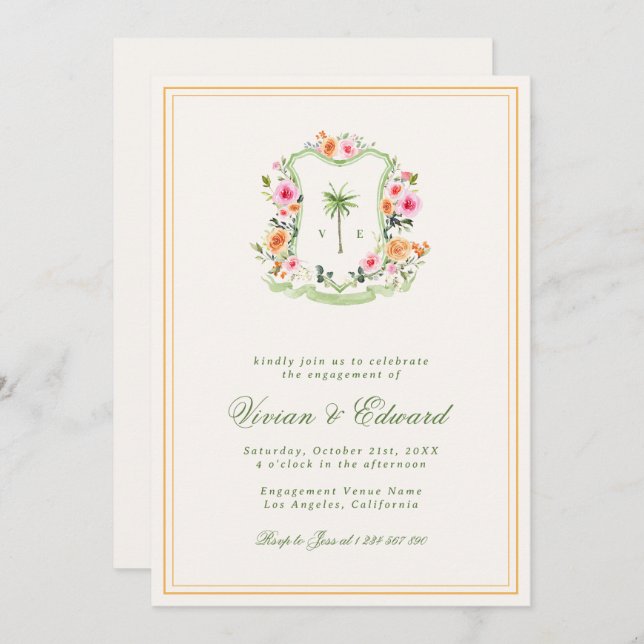 Palm Tree Monogram Tropical Beach Engagement Party Einladung (Vorne/Hinten)