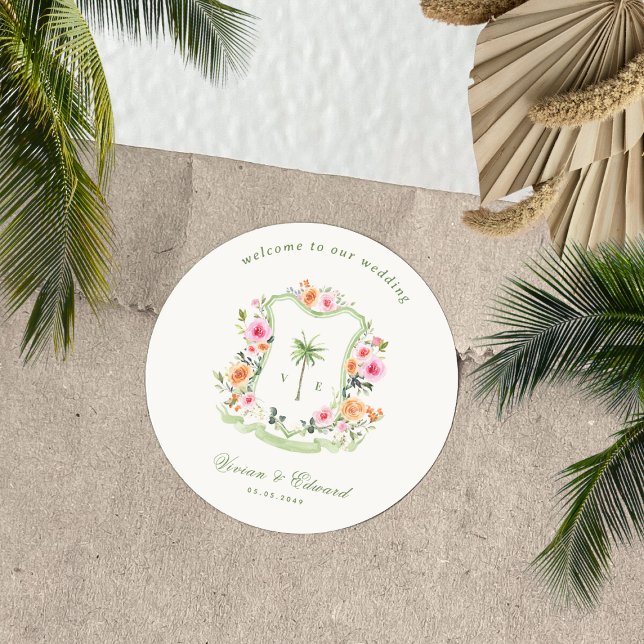 Palm Tree Monogram Tropical Beach Wedding Willkomm Runder Aufkleber (Von Creator hochgeladen)
