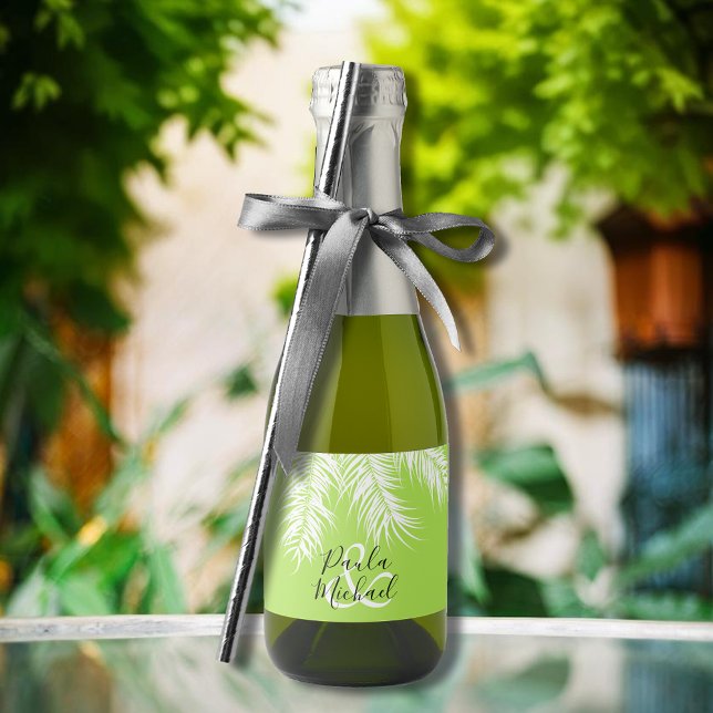 Palm Tree on Lime Green Mini (White palm tree fronds on lime mini sparkling wine label personalized for your wedding)