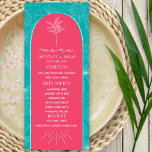 Palm Tree Pink & Blue Beach Hochzeit Menükarte<br><div class="desc">Die Blätter der weißen Palme werden in einem blauen Hintergrund gezeichnet. Weiße Schrift und Palme zeichnend über rosa Bogenhintergrund</div>