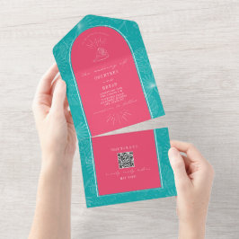 Palm Tree Pink Blue Beach Wedding QR Code UAWG All In One Einladung