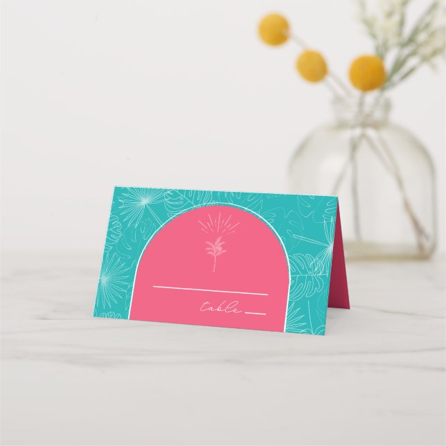 Palm Tree Pink & Green Blue Wedding Platzkarte (Vorderseite)