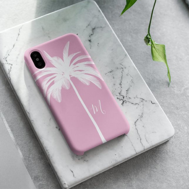 Palm Tree Pink White Tropical Elegant Monogram Case-Mate iPhone Hülle (Von Creator hochgeladen)