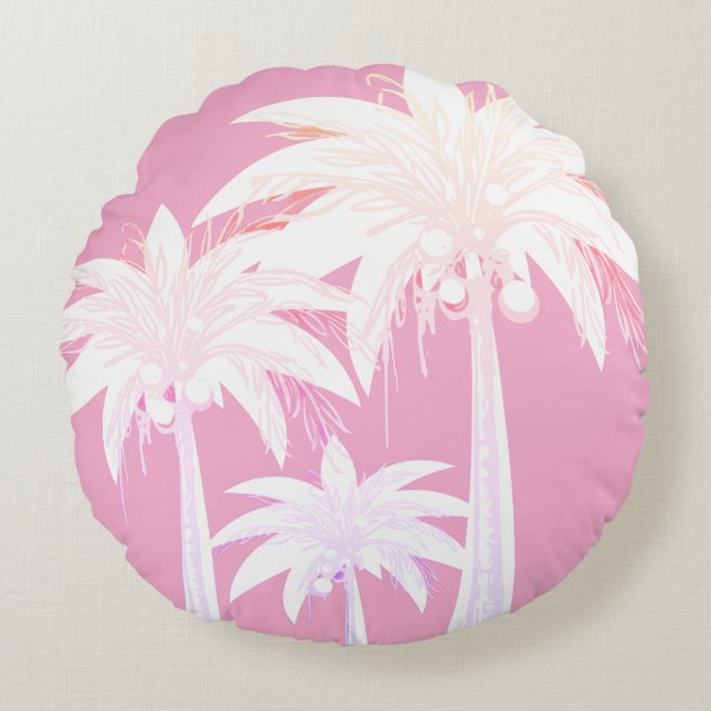 Palm Tree Pink White Tropical Summer Beach House Rundes Kissen (Vorderseite)