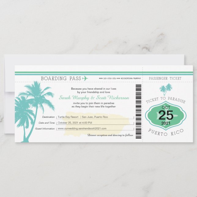 Palm Tree Puerto Rico Boarding Pass Hochzeit Einladung (Vorderseite)