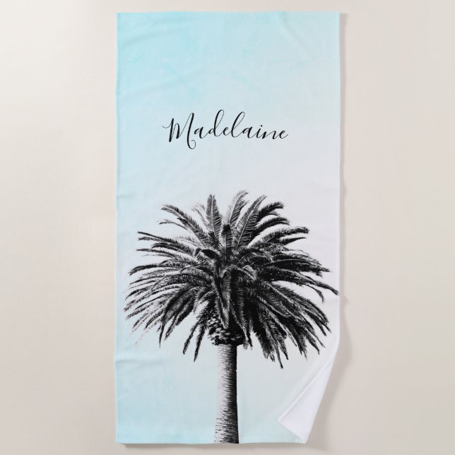 Palm Tree Schwarz-weiß Modern Blue Sky Personal Strandtuch (Vorderseite)