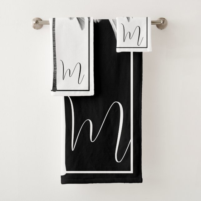 Palm Tree Schwarz-weiß Tropical Elegant Monogram Badhandtuch Set (Insitu)