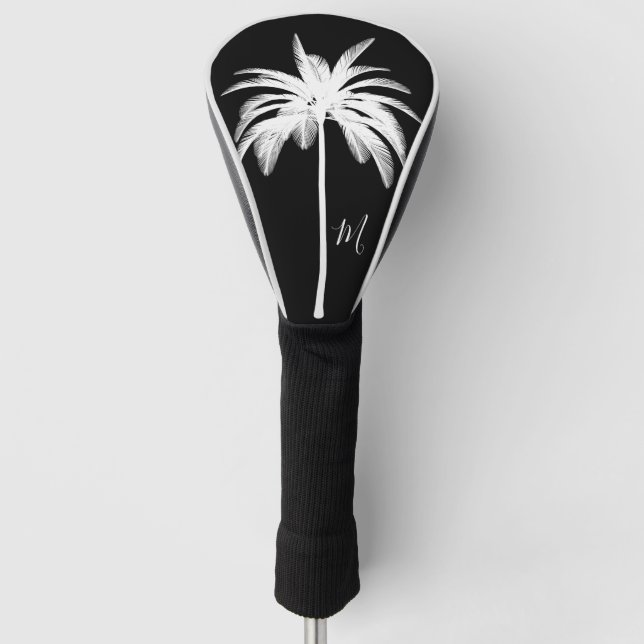 Palm Tree Schwarz-weiß Tropical Elegant Monogram Golf Headcover (Vorderseite)