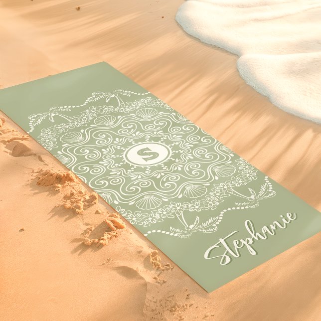 Palm Tree Seashell Mandala Monogram Sage Beach Yogamatte (Von Creator hochgeladen)
