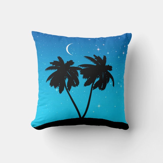 Palm Tree Silhouette, Abend Blau mit Sternen Kissen (Vorderseite)