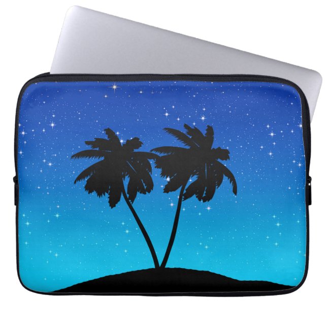 Palm Tree Silhouette auf Abend Blau mit Sternen Laptopschutzhülle (Vorderseite)