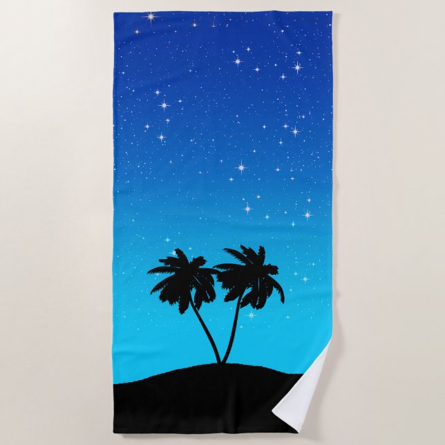 Palm Tree Silhouette auf Abend Blau mit Sternen Strandtuch (Vorderseite)