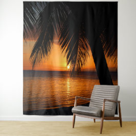 Palm Tree Silhouette Orange Tropical Sunset Backdr Wandteppich