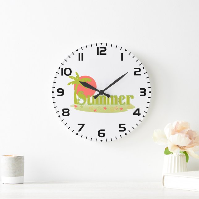 Palm Tree Sommer mit Sonne und Strand Große Wanduhr (Von Creator hochgeladen)