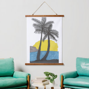 Palm Tree Sunrise Silhouette Wandteppich Mit Holzrahmen