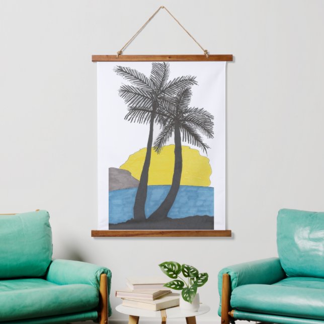 Palm Tree Sunrise Silhouette Wandteppich Mit Holzrahmen (Wohnzimmer)