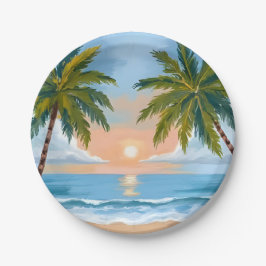 Palm Tree Sunset | Tropical Beach Hochzeit Pappteller