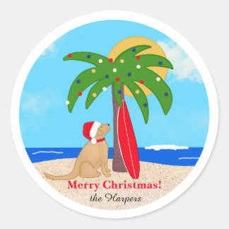 Palm Tree Surf Board Santa Dog Weihnachts-Set Runder Aufkleber