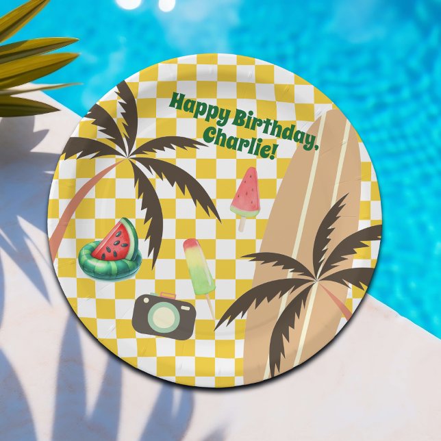Palm Tree Surfboard Checkered Summer Party Pappteller (Von Creator hochgeladen)