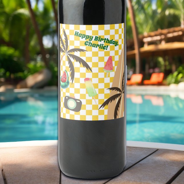Palm Tree Surfboard Checkered Summer Party Weinetikett (Von Creator hochgeladen)