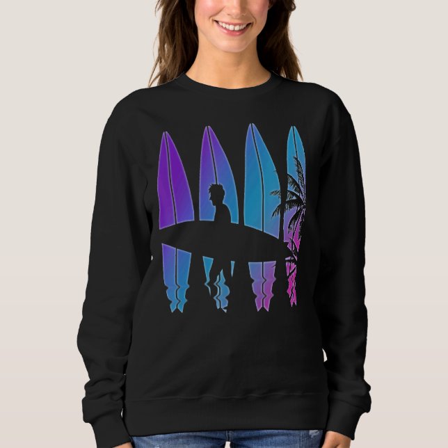 Palm Tree Surfer Synthwave Surfboard Vaporwave Su Sweatshirt (Vorderseite)