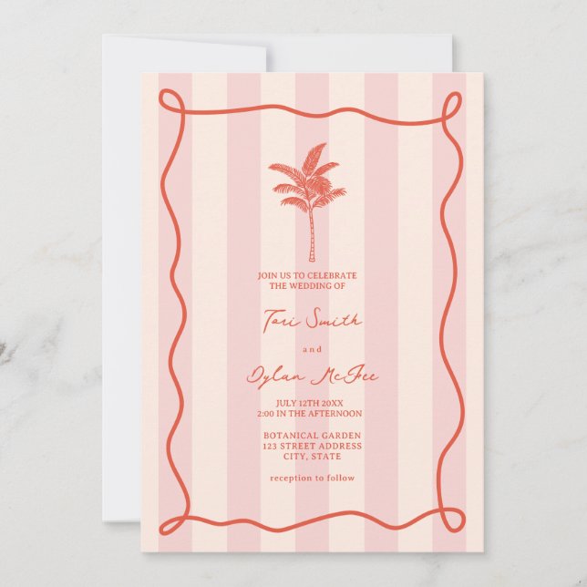 Palm Tree Swirl Rosa Streifen tropische Hochzeit Einladung (Vorderseite)
