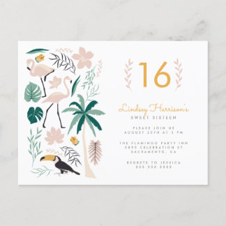 Palm Tree Toucan Pink Flamingo & Monstera Sweet 16 Einladungspostkarte