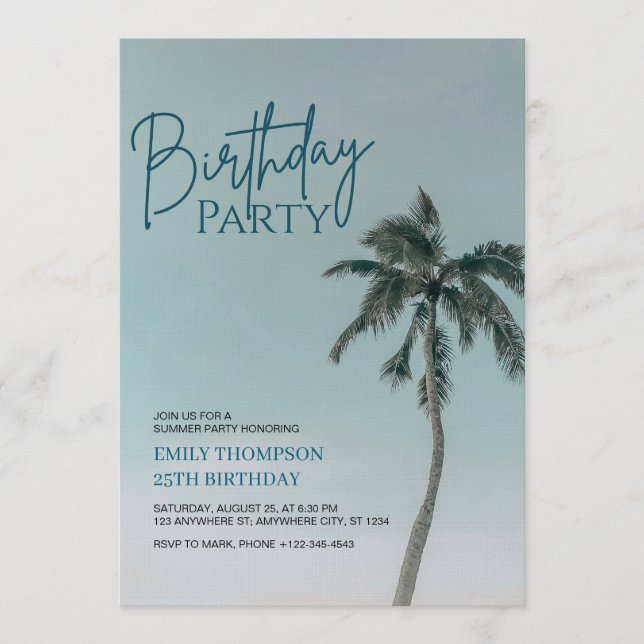 Palm Tree Tropical Beach Birthday Party  Einladung (Vorderseite)