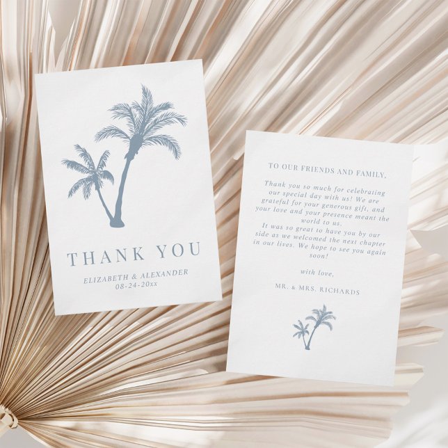 Palm Tree Tropical Beach Dusty Blue Wedding Dankeskarte (Von Creator hochgeladen)