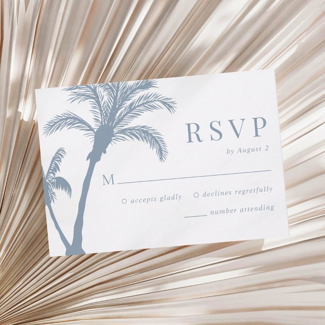 Palm Tree Tropical Beach Dusty Blue Wedding RSVP Karte (Von Creator hochgeladen)