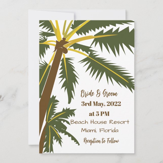 Palm Tree Tropical Beach Hochzeit in Urlaubsort Einladung (Vorderseite)