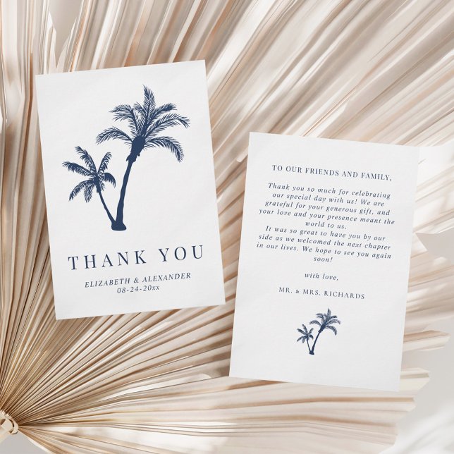 Palm Tree Tropical Beach Navy Blue Wedding Dankeskarte (Von Creator hochgeladen)