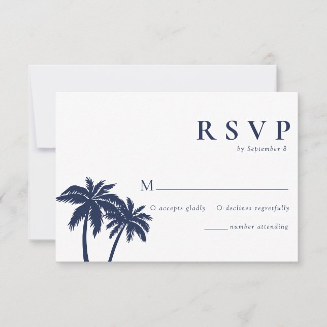 Palm Tree Tropical Beach Navy Wedding RSVP Card Karte (Vorderseite)