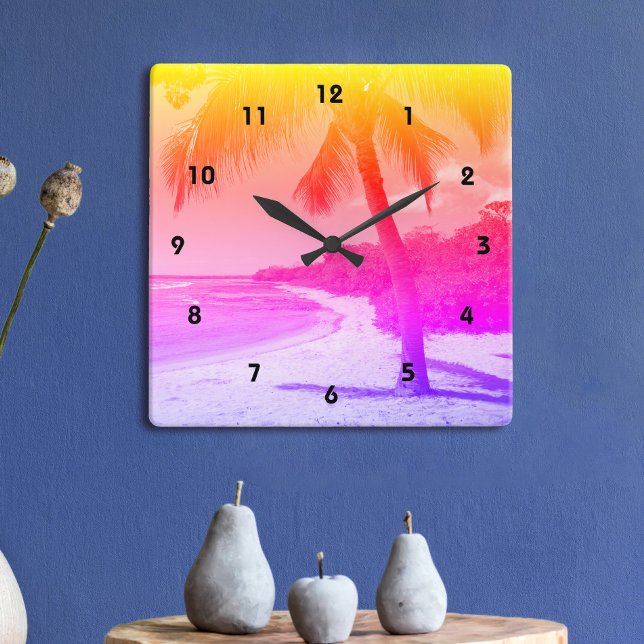 Palm Tree Tropical Beach Orange Pink Lila Ombre Quadratische Wanduhr (Von Creator hochgeladen)