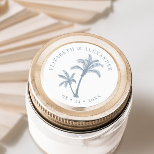 Palm Tree Tropical Beach Wedding Dusty Blue Runder Aufkleber