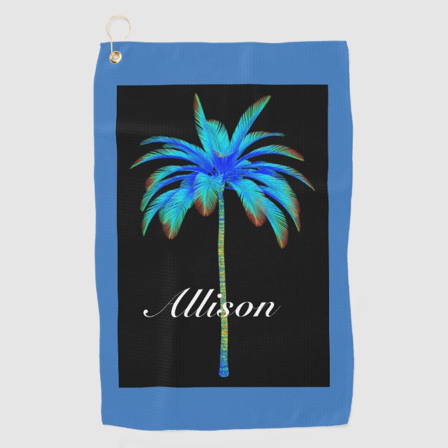 Palm Tree Tropical Colorful Blue Personalisiert Golfhandtuch (Vorderseite)