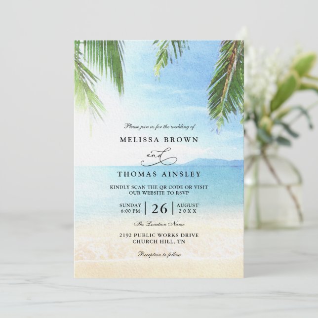 Palm Tree Tropical Island Beach QR Code Wedding Einladung (Stehend Vorderseite)