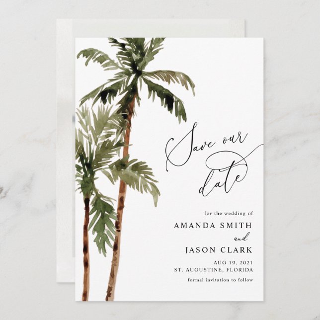 Palm Tree Tropical Island Minimal Beach Rett The D Save The Date (Vorne/Hinten)