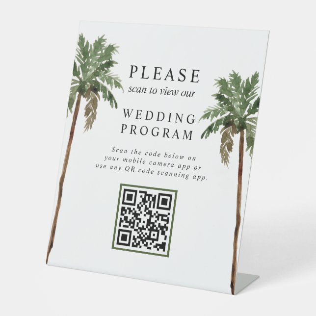 Palm Tree Tropical Island QR Code Wedding Program Sockelschild (Vorderseite)