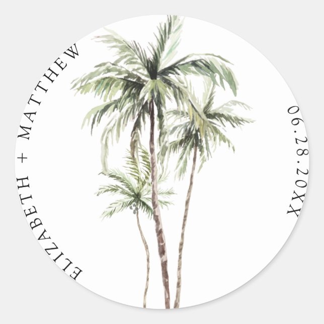 Palm Tree Tropical | Minimale Hochzeit Runder Aufkleber (Vorderseite)