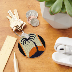 Palm Tree Tropical Sun Black Orange Crochet Print Schlüsselanhänger