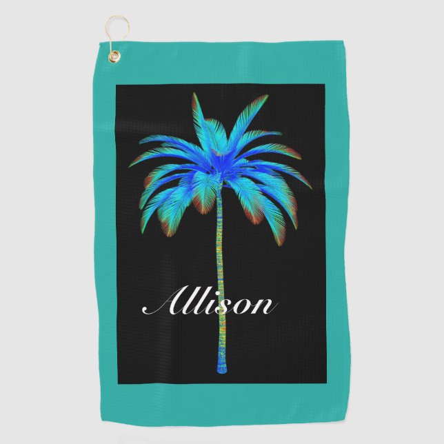 Palm Tree Tropical Turquoise Personalisiert Golfhandtuch (Vorderseite)
