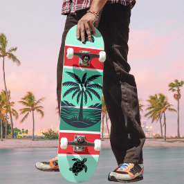 Palm Tree Turtle Silhouette Red Green Initial Skateboard