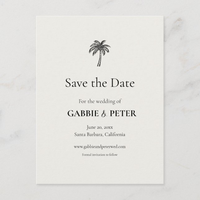Palm Tree Typografy Clean Elegant Save the Date Postkarte (Vorderseite)