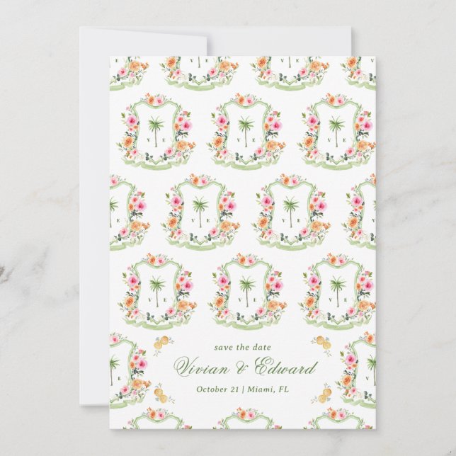 Palm Tree Wappen Monogram Summer Boho Beach Weddin Save The Date (Vorderseite)