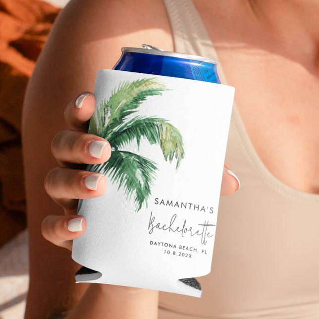 Palm Tree Wasserfarbe Personalisiert Bachelorette Dosenkühler (Tropical Palm Tree Watercolor Bachelorette White Can Cooler)