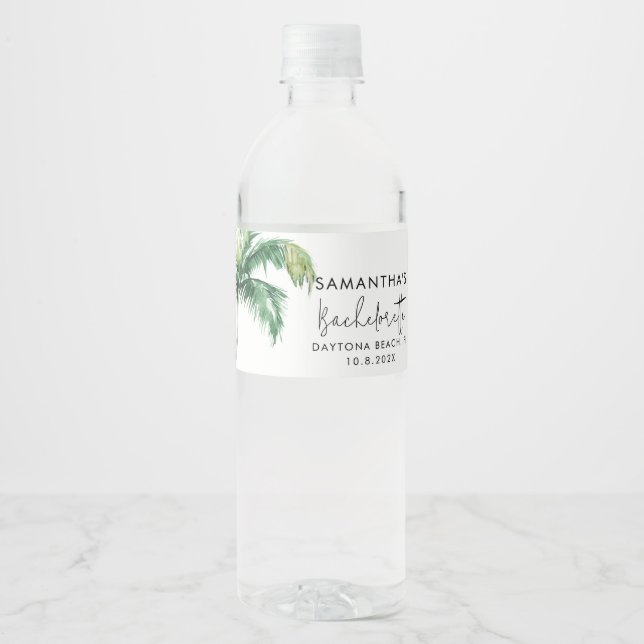Palm Tree Wasserfarbe Personalisiert Bachelorette Wasserflaschenetikett (Vorderseite)