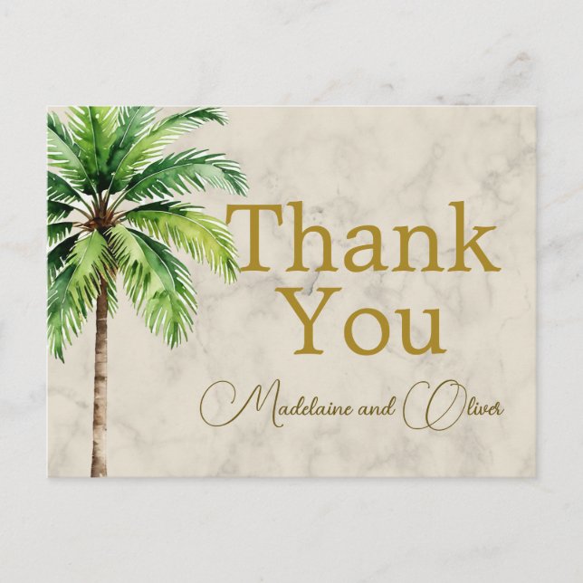 Palm Tree Watercolor Tropical Wedding Vielen Dank Postkarte (Vorderseite)