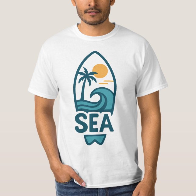 Palm Tree & Wave Surfboard Strand T-Shirt (Vorderseite)